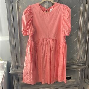 Pink Casual Sundress with Puff Sleeves and Peter Pan Collar